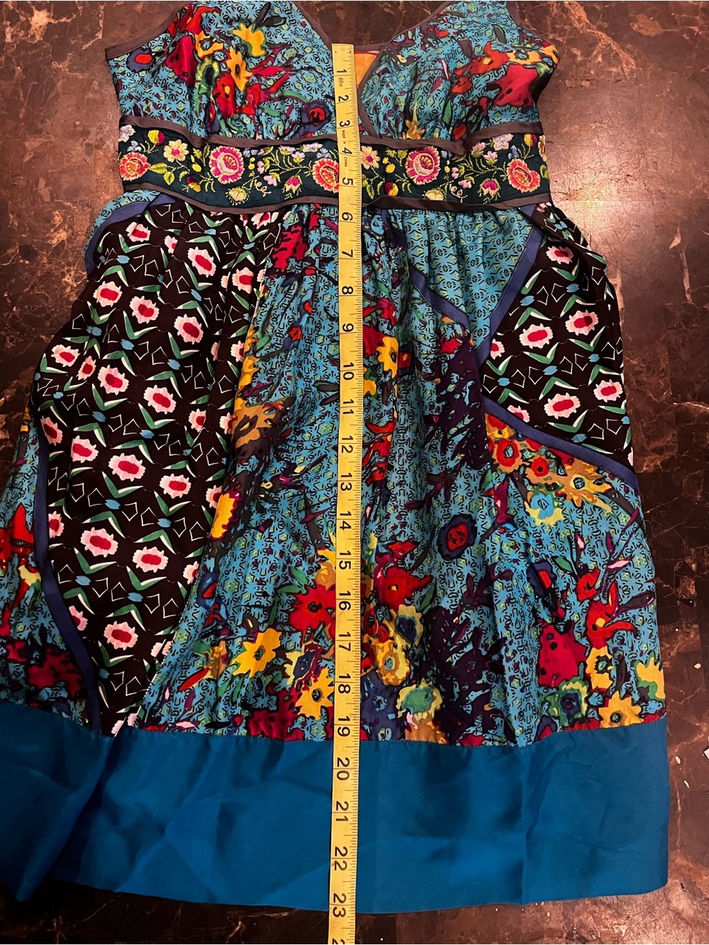 Johnny Was Silk Vibrant Floral Patchwork Sundress in Teal & Multi - Picture 15 of 16